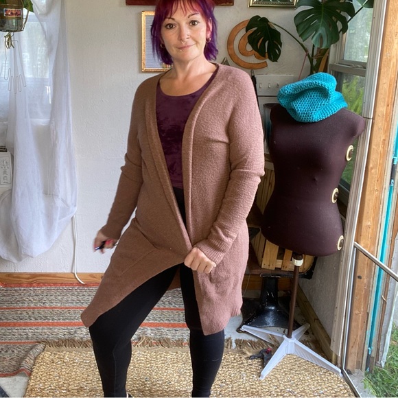 Forever 21 Taupe/ Pink Fluffy Long Open front Cardigan Size Small - Picture 6 of 15